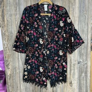 Black and Floral Kimono Top with Lace fringe